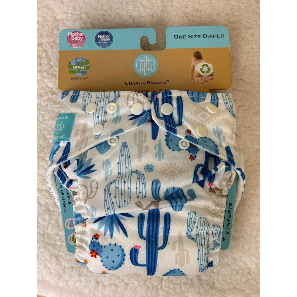 Charlie Banana One Size Cloth Diaper Blue Cactus Desert Print with 2 Inserts